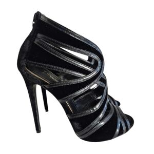Dolce And Gabbana Leather Black Velvet Cut Out Peep Toe Sandals Heels Size 36